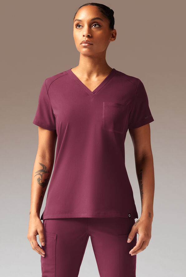 Hypothesis Meta-Base Women’s Single Pocket V-Neck Tuck In/Wear Out Scrub Top - Wine - 1