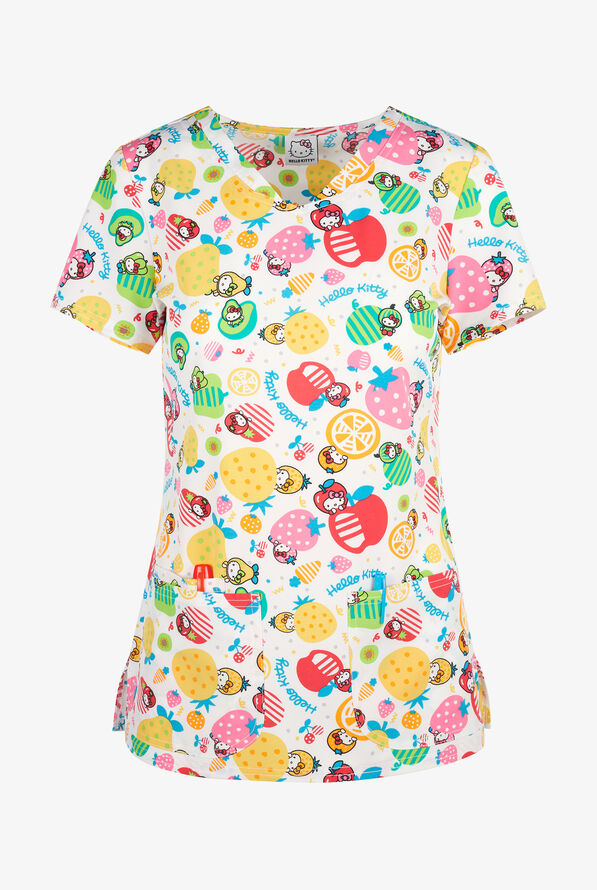 Tooniforms Hello Kitty Five A Day Women's 3-Pocket STRETCH V-Neck Print Scrub Top - null - 1