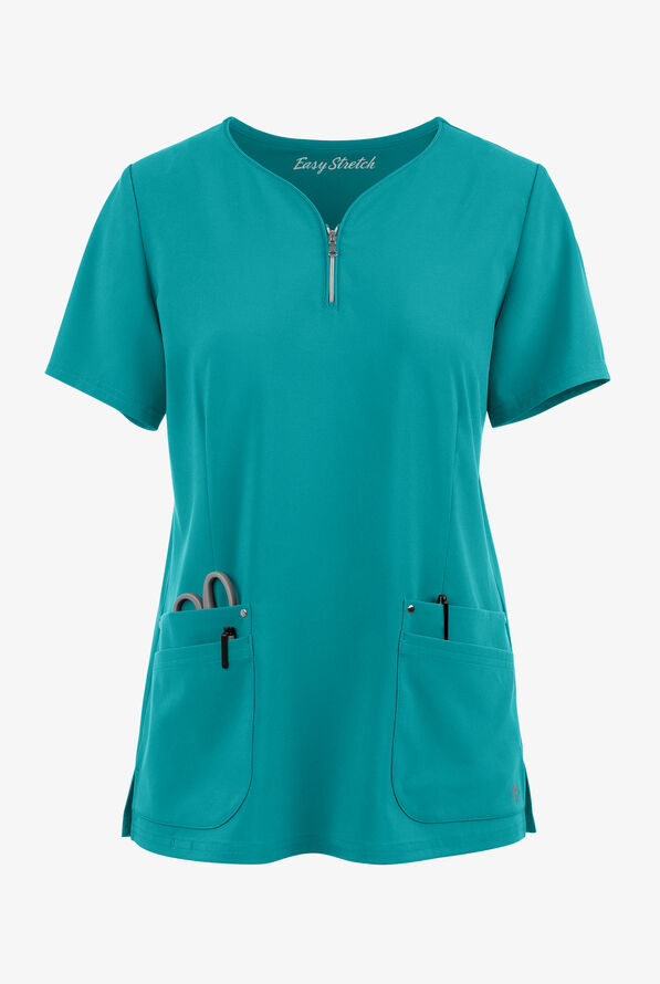 Easy STRETCH Arianna Women's 4-Pocket Curved Neck Scrub Top - Teal - 1