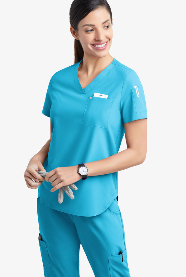 Easy STRETCH Chloe Women's 3-Pocket V-Neck Tuck-In Scrub Top - Turquoise - 3
