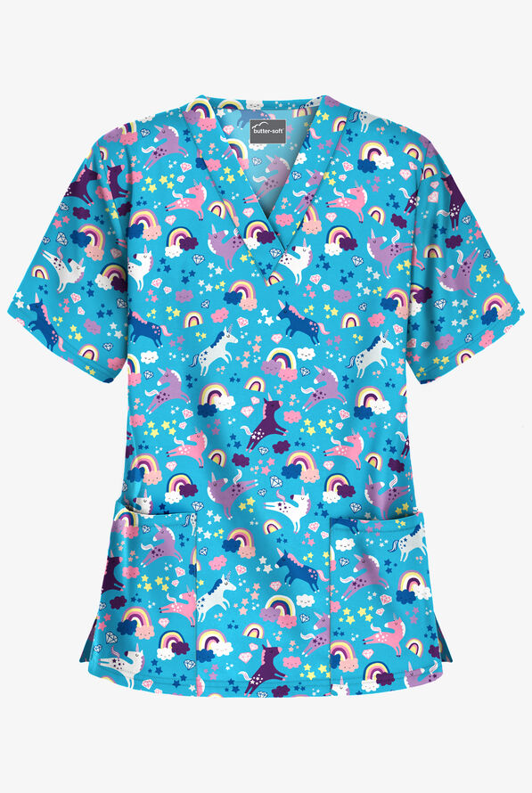 UA Butter-Soft Unicorn Adventure Turquoise Women's 2-Pocket V-Neck Print Scrub Top - null - 1