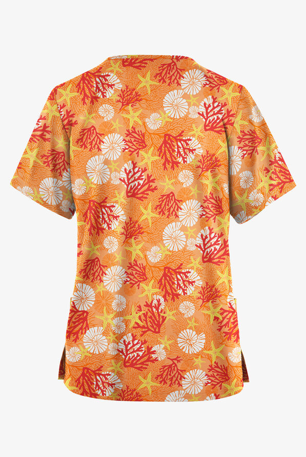 Butter-Soft Originals Coral Garden Peach Creamsicle Women's 2-Pocket V-Neck Print Scrub Top - null - 2