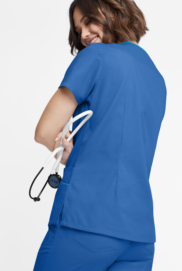 Butter-Soft Originals Women's 4-Pocket Asymmetrical Neck Scrub Top - Royal/Turquoise - 3