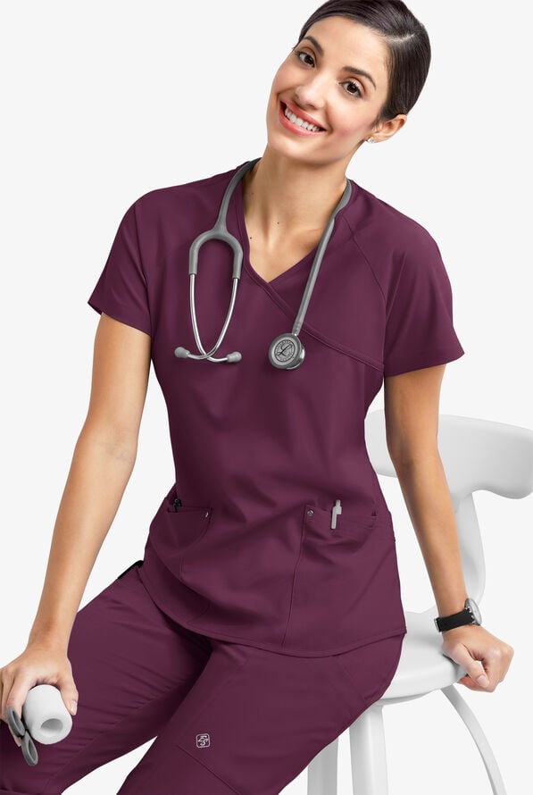 Easy STRETCH Cara Women's 4-Pocket Raglan Scrub Top - Dark Mulberry - 6