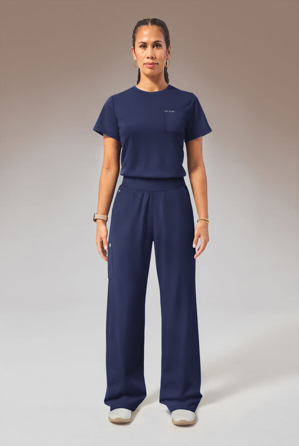 Hypothesis Y-Band Women's 6-Pocket Yoga-Style Knit Waist Wide Leg Scrub Pant - Petite - Navy - 4
