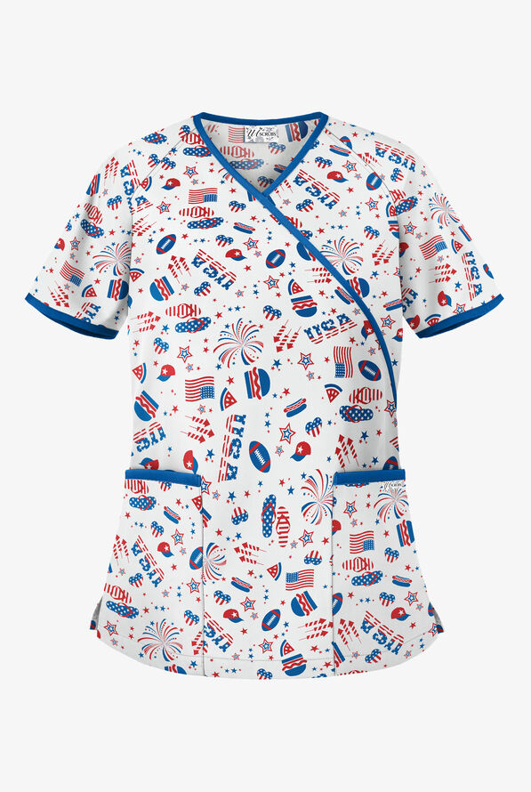 UA Best Buy Scrubs Party in the USA Women's 2-Pocket Mock Wrap Print Scrub Top - null - 1