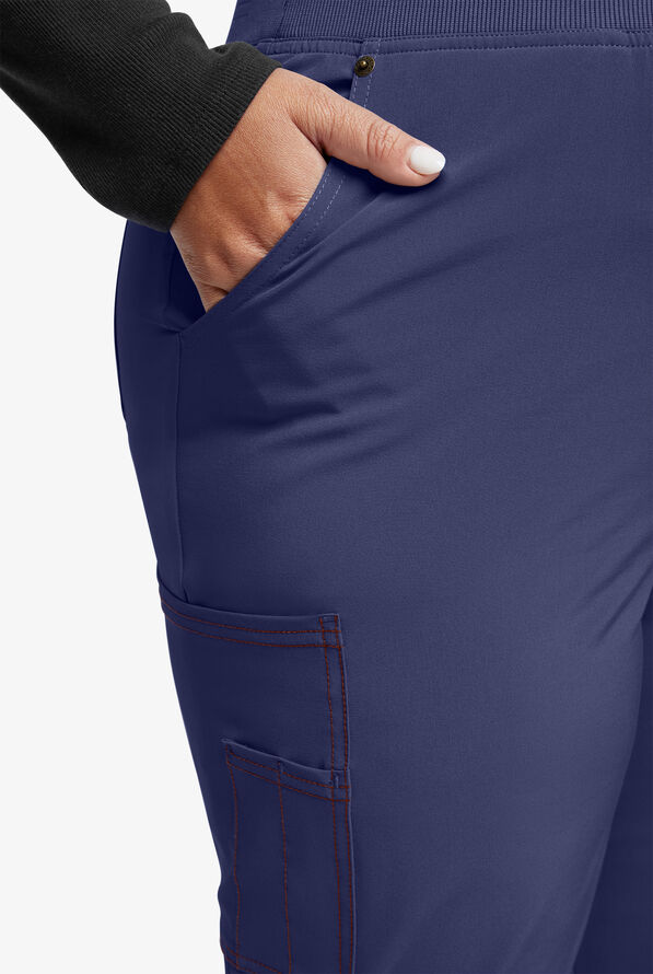 Dickies Riveting Women's 6-Pocket STRETCH Rib-Knit Waist Contrast Stitching Cargo Scrub Pants - Navy - 3