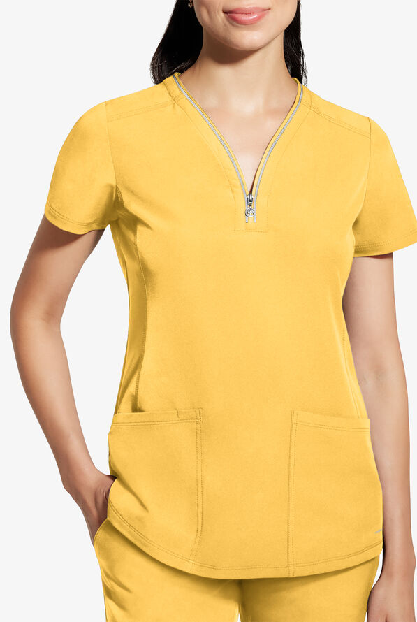 Healing Hands 360 Sonia Women's 3-Pocket STRETCH Reflective Y-Neck Zip Scrub Top - Sunray Yellow - 2