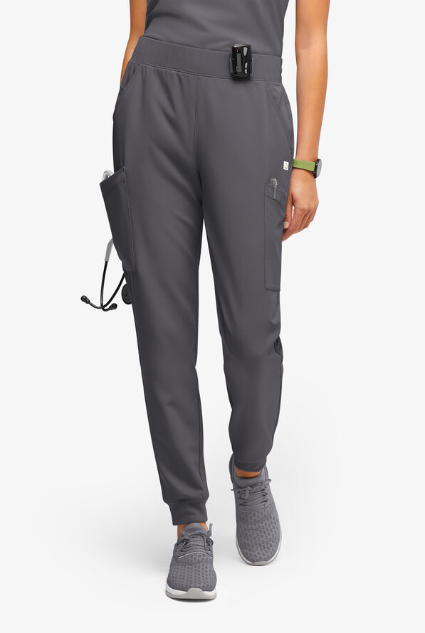 ReSurge Amber Women's Modern 7-Pocket Flat Front Slim Leg Jogger Scrub Pants - Petite - Pewter - 1