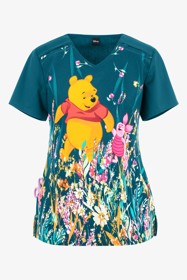 Tooniforms Flower Walk Winnie The Pooh Women's 2-Pocket V-Neck Print Scrub Top - null - 1
