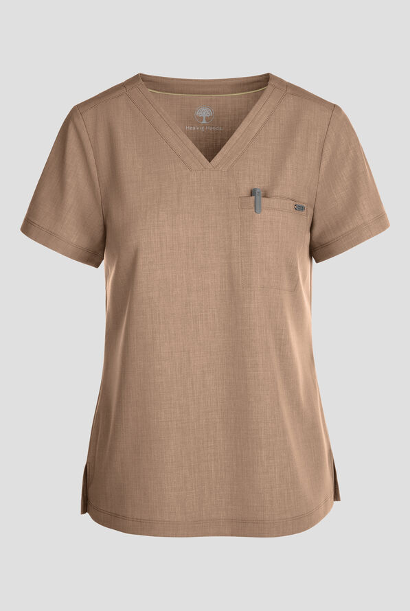 Healing Hands Quest Women's 1-Pocket STRETCH Tuck In V-Neck Scrub Top - Desert Taupe - 1