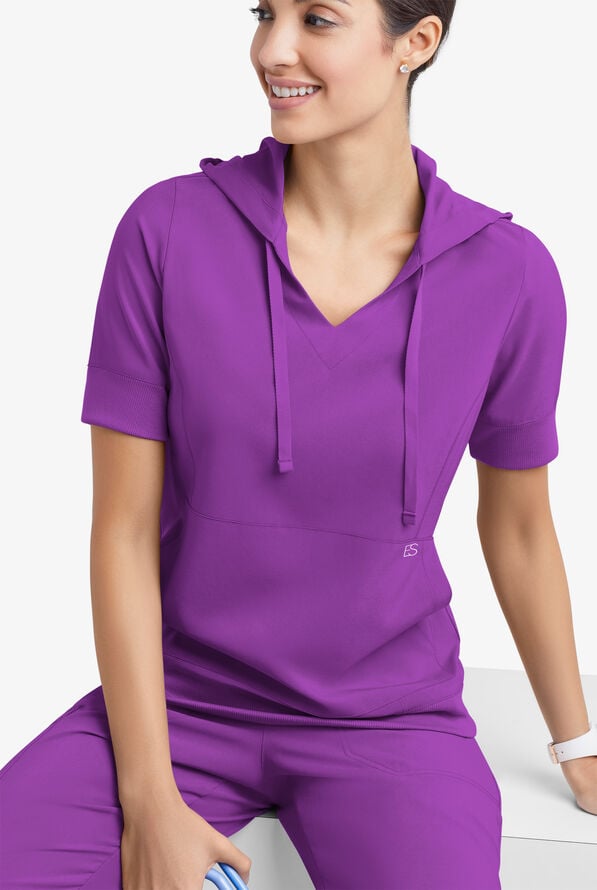 Easy STRETCH True Women's 3-Pocket Short Sleeve Pull-Over Scrub Hoodie - Fresh Purple - 1