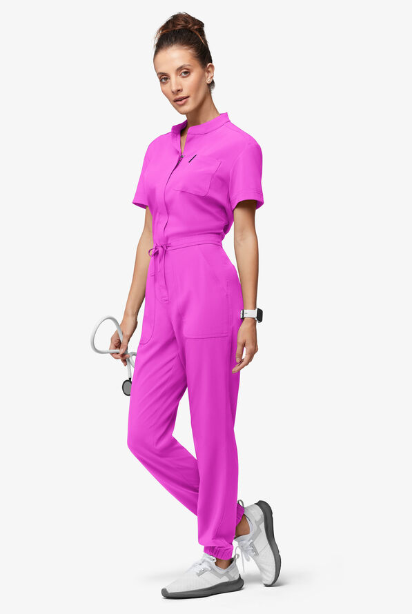 Easy STRETCH Allie Women's 6-Pocket Short Sleeve Jumpsuit - Electric Fuchsia - 1