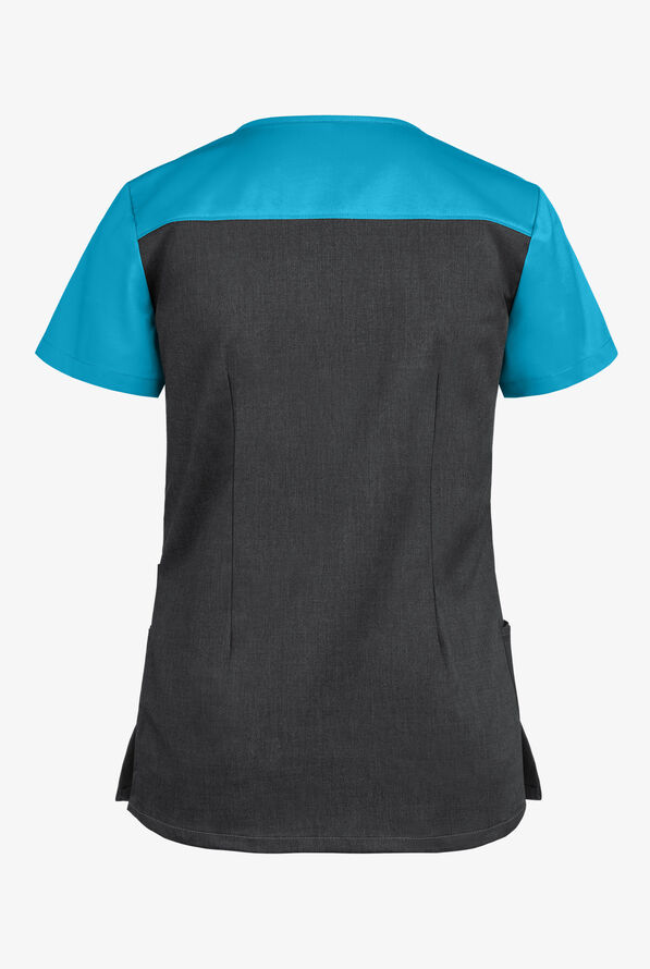 Butter-Soft STRETCH Women's 5-Pocket Asymmetric Scrub Top - Heather Charcoal/Turquoise - 4