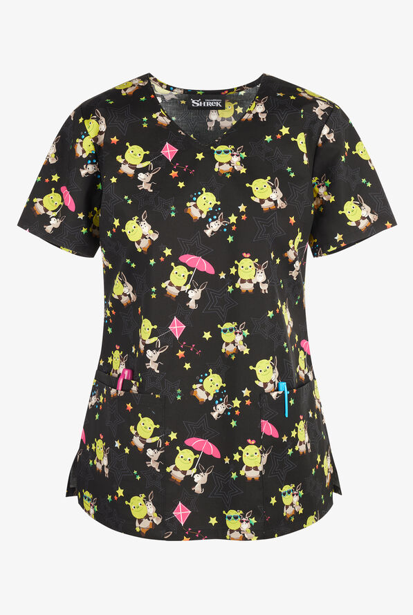 Tooniforms Shrek Life Women's 3-Pocket STRETCH V-Neck Print Scrub Top - null - 1