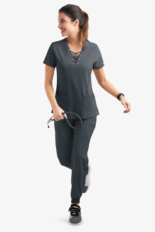 Easy STRETCH Gisele Women's 4-Pocket Lace Up V-Neck Scrub Top - Pewter - 6