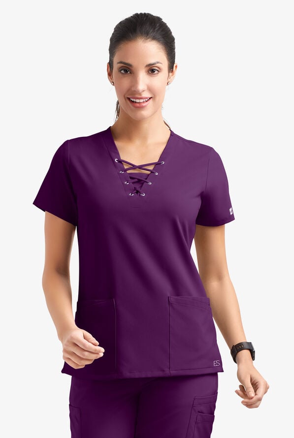 Easy STRETCH Gisele Women's 4-Pocket Lace Up V-Neck Scrub Top - Eggplant - 2