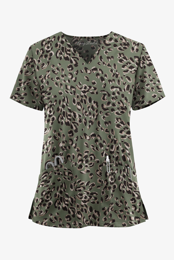 Easy STRETCH Modern Cheetah Olive Leaf Women's 2-Pocket V-Neck Print Scrub Top - null - 1