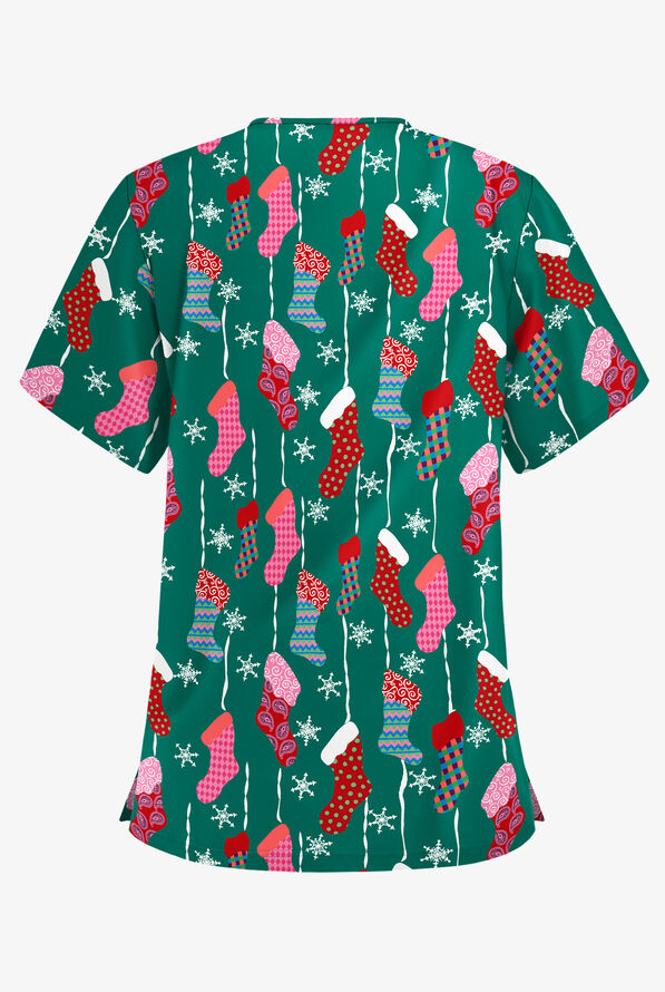Butter-Soft Waiting For Santa Hunter Women's 3-Pocket V-Neck Print Scrub Top - null - 2