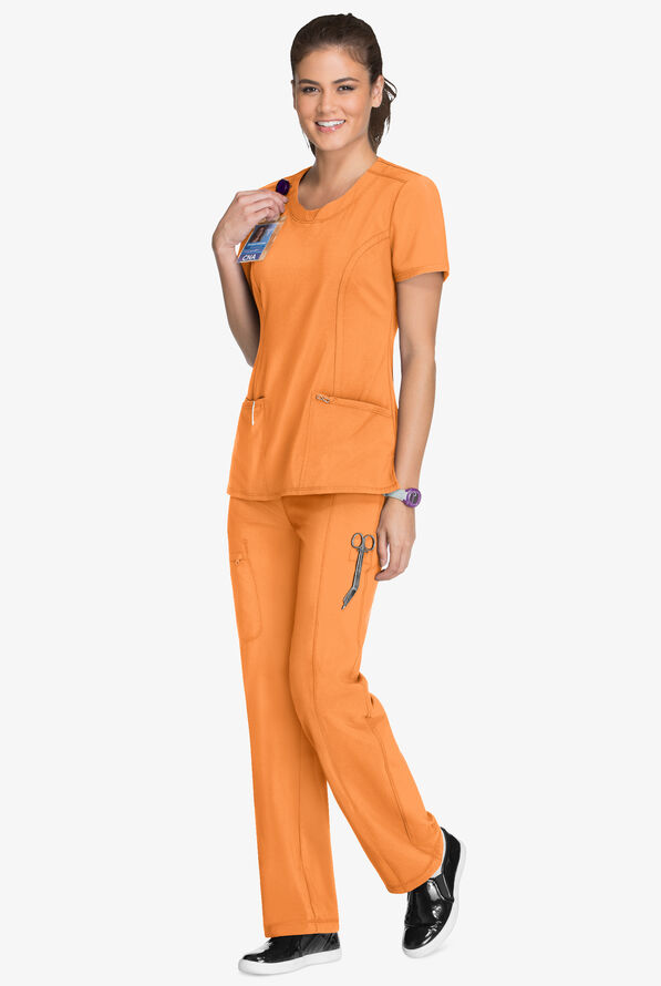 Infinity Women's 3-Pocket STRETCH Round Neck Scrub Top - Orange Sunrise - 2