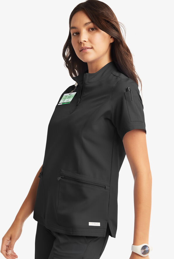 Butter-Soft Women's 5-Pocket Zipper Neck Short Sleeve Scrub Top **Slightly IRREGULAR** - Black - 3