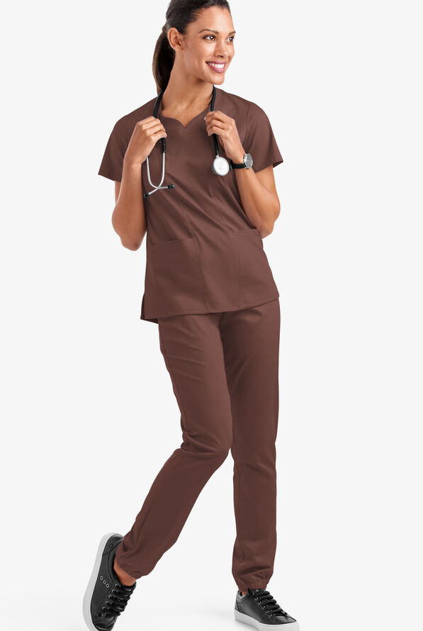 Butter-Soft STRETCH Women's 4-Pocket Sweetheart Neck Scrub Top - French Roast - 2