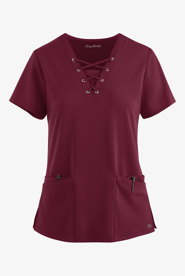 Easy STRETCH Gisele Women's 4-Pocket Lace Up V-Neck Scrub Top - Wine - 1