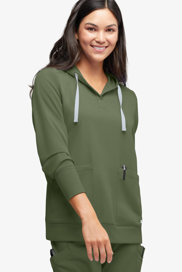 Sudadera médica con capucha ReSurge Jasper con mangas largas y 4 bolsillos para mujer - Light Olive - 2