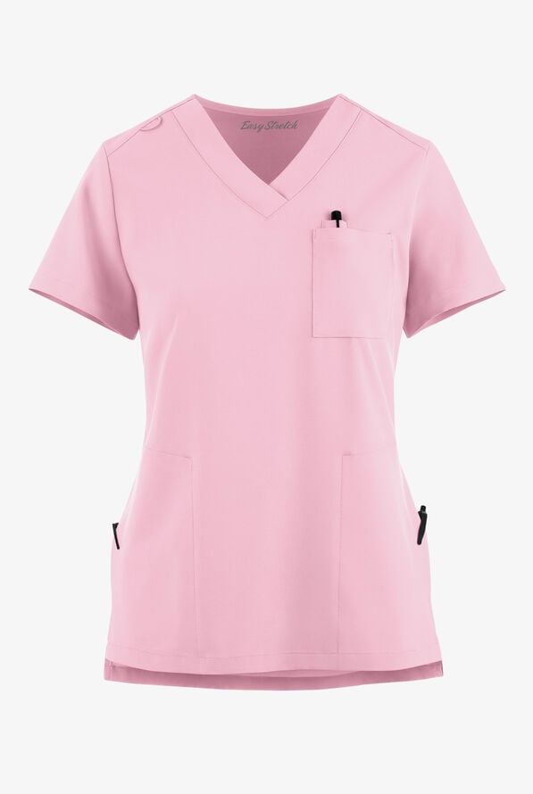 Easy STRETCH Taylor Women's 3-Pocket High Low Hem V-Neck Scrub Top - Pink Peony - 6