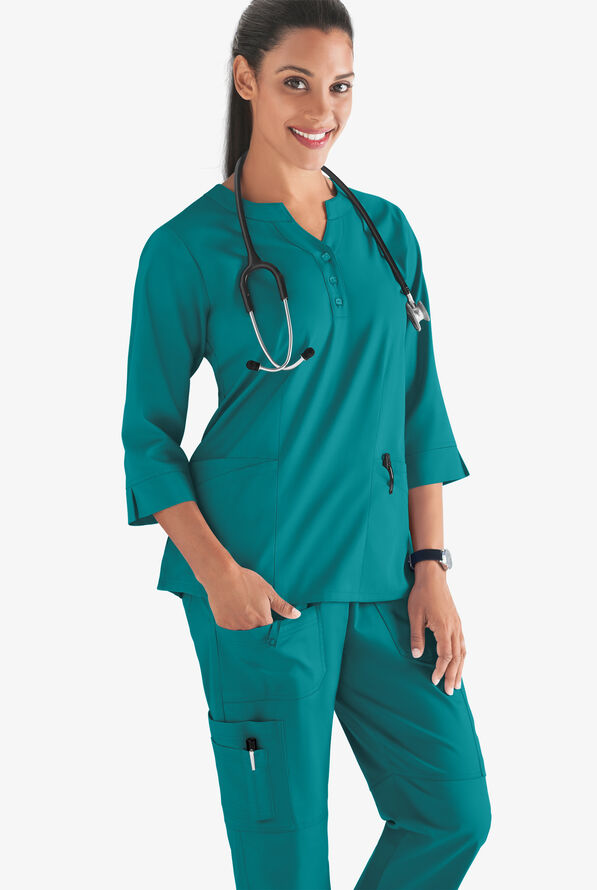 Butter-Soft STRETCH Women's 4-Pocket 3/4" Sleeve Round Neck Scrub Top - Teal - 2