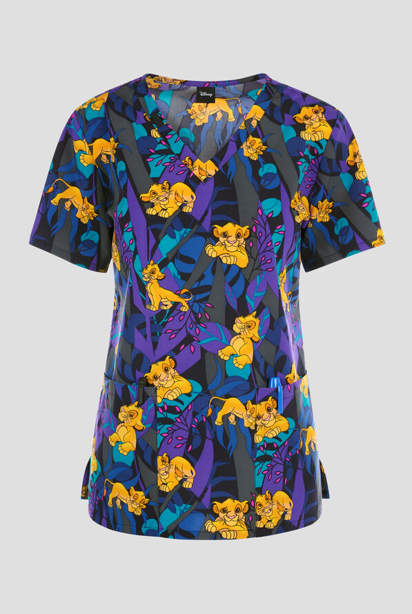 Blusa médica estampada Tooniforms Disney's Lion King Sensational Simba STRETCH con cuello en V y 2 bolsillos para mujer - null - 1