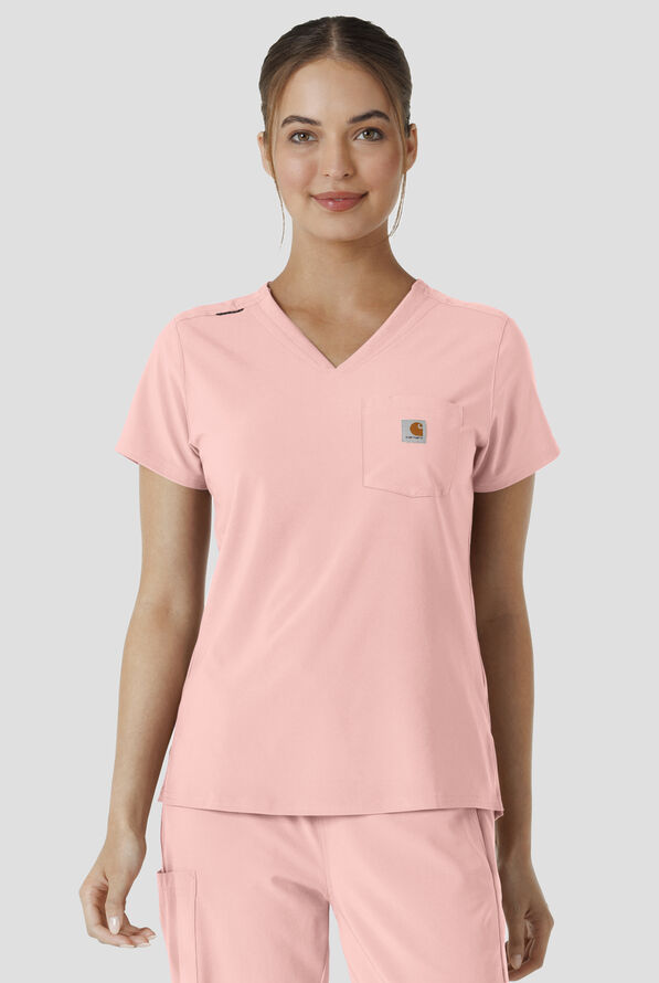 Carhartt Cross-Flex Force Women's 1-Pocket STRETCH Knit Panel Tuck In Scrub Top - Soft Rose - 2
