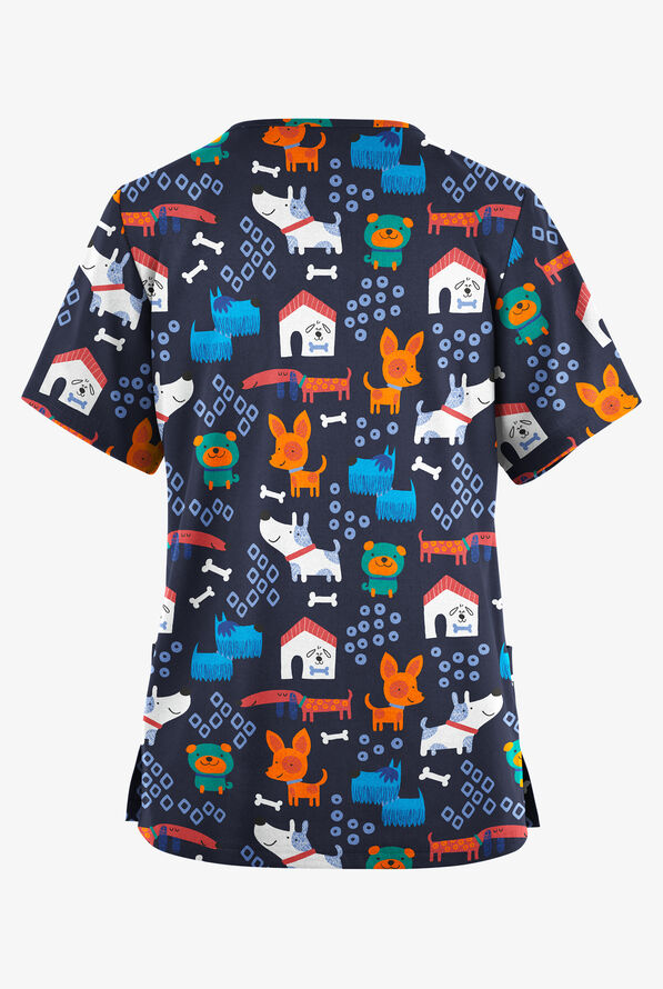 Butter-Soft Originals Playful Dogs Navy Women's 2-Pocket Classic Fit V-Neck Print Scrub Top - null - 2