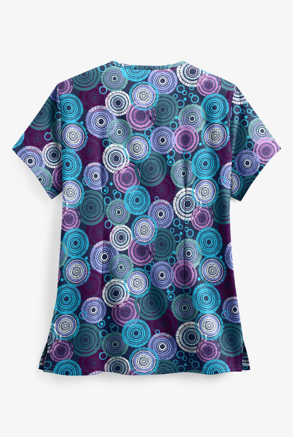 Easy STRETCH Mandala Tapestry Navy Women's 4-Pocket Zipper Neck Print Scrub Top - null - 2