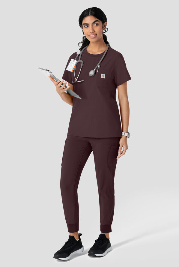 Carhartt Cross-Flex Force Women's 1-Pocket STRETCH Knit Trim Crew Neck Scrub Top - Dark Sepia - 3