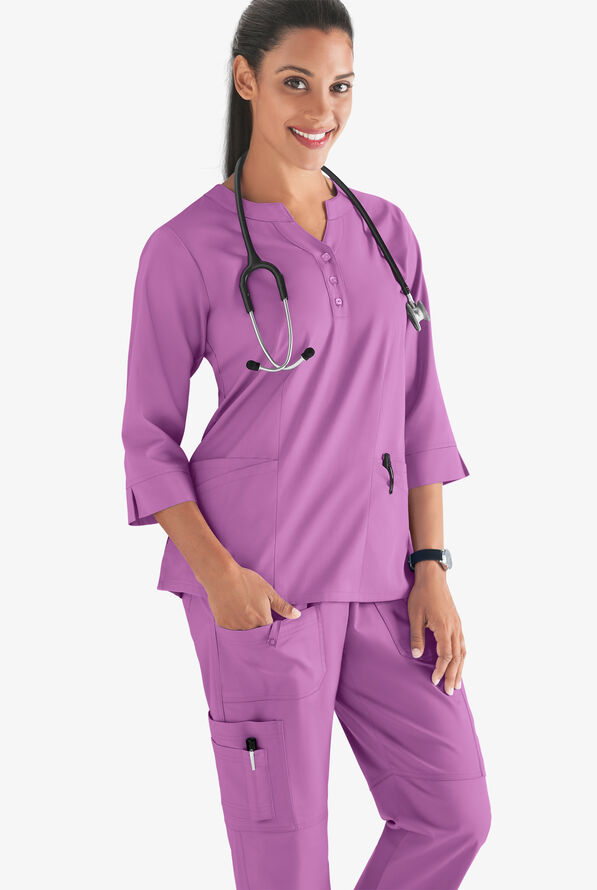 Butter-Soft STRETCH Women's 4-Pocket 3/4" Sleeve Round Neck Scrub Top - Orchid - 2