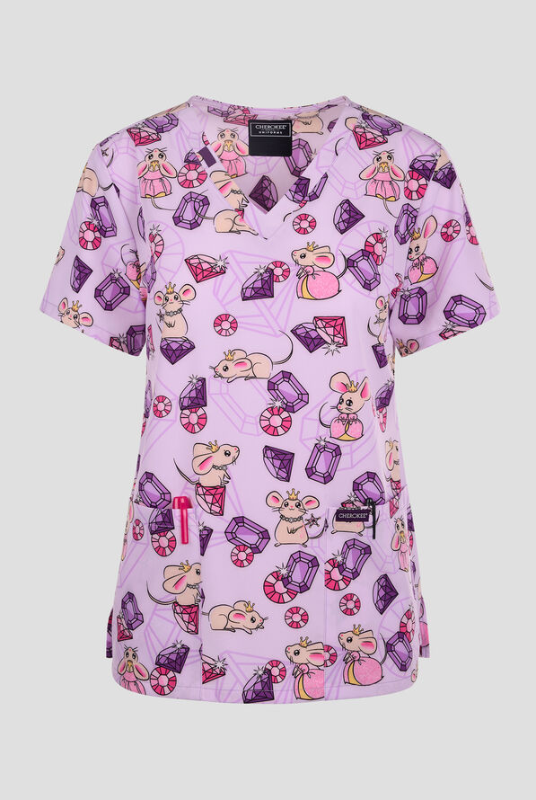 Blusa médica estampada Cherokee Princess Mouse STRETCH con cuello en V y 2 bolsillos para mujer - null - 1