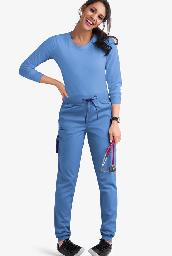 Butter-Soft STRETCH Women's 5-Pocket Contrast Trim Drawstring Cargo Scrub Pants - Ceil/Galaxy - 2
