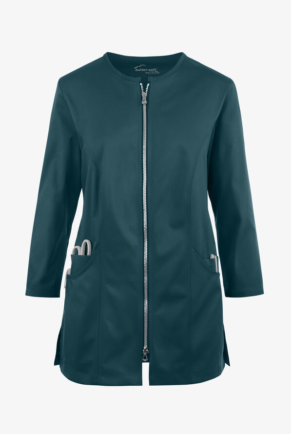 Butter-Soft STRETCH Women's 4-Pocket Jewel Neck Consultation Scrub Lab Coat - Caribbean Blue - 1