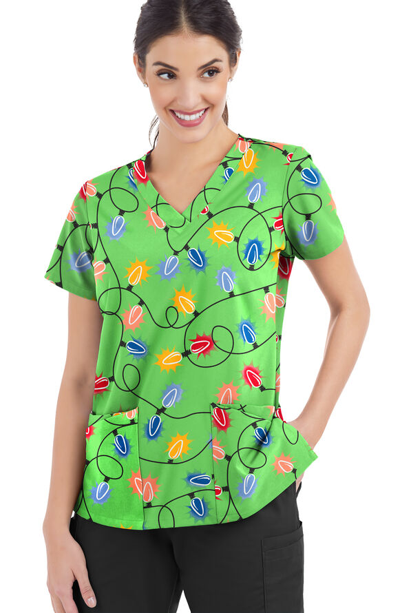 Tafford Active STRETCH Fairy Lights Grass Green Women's 4-Pocket V-Neck Print Scrub Top - null - 1