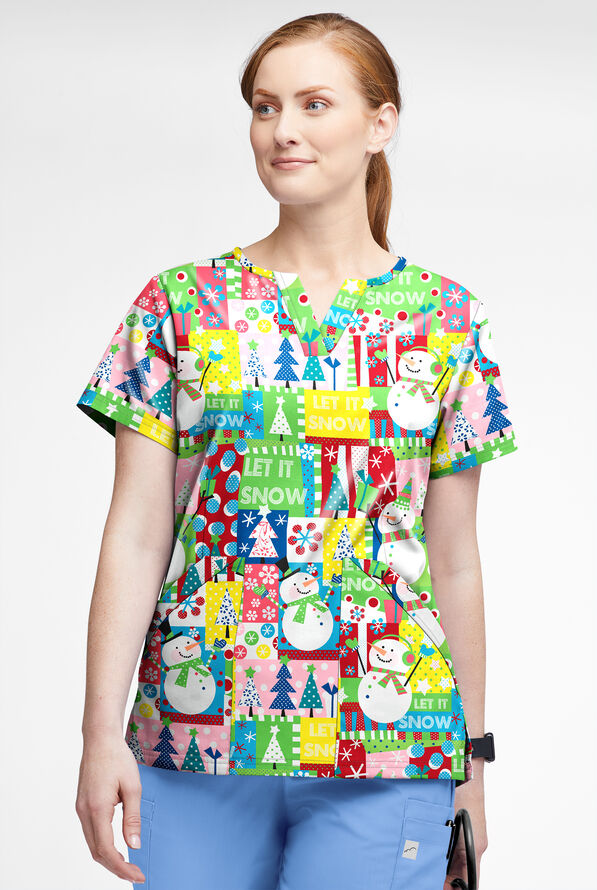 Butter-Soft Joyful Snowman Grass Green Women&rsquo;s 4-Pocket V Notch-Neck Print Scrub Top - null - 2