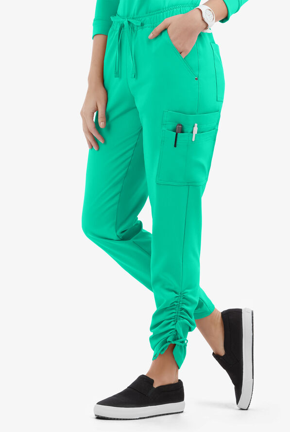 Easy STRETCH Halle Women's 11-Pocket Ruched Leg Jogger Scrub Pants - Petite - Dynasty Green - 1