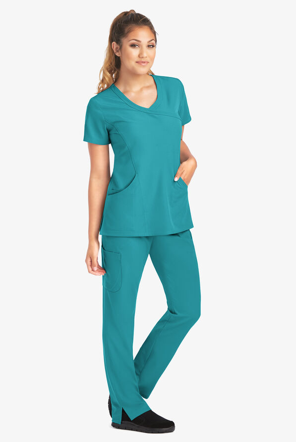 Skechers by Barco Reliance Women's 3-Pocket STRETCH Mock Wrap Scrub Top - Teal - 2