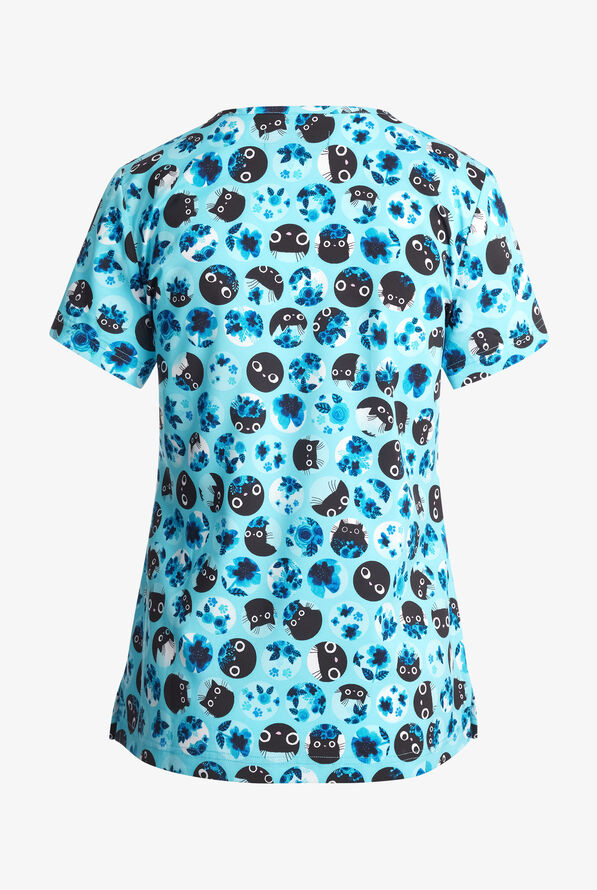 koi Basics Blue Flower Cat Women's 2-Pocket STRETCH V-Neck Print Scrub Top - null - 2