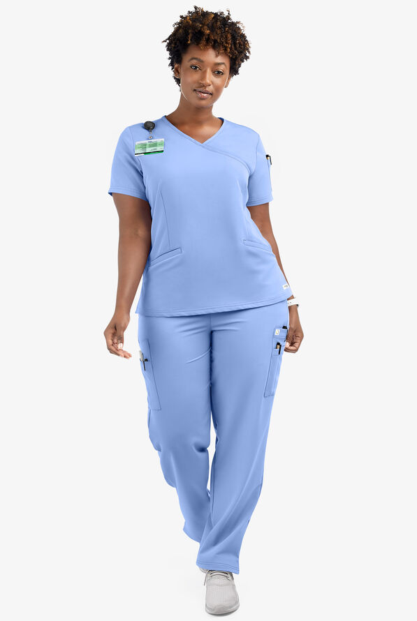 Butter-Soft Women's 5-Pockets Faux Wrap Scrub Top **Slightly IRREGULAR** - Ceil Blue - 5