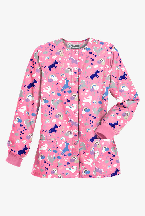 Chaqueta m&eacute;dica estampada Butter-Soft Unicorn Adventure Ballet con 2 bolsillos para mujer - null - 1