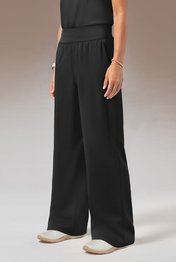 Hypothesis Y-Band Women's 6-Pocket Yoga-Style Knit Waist Wide Leg Scrub Pant - Petite - Jet Black - 3