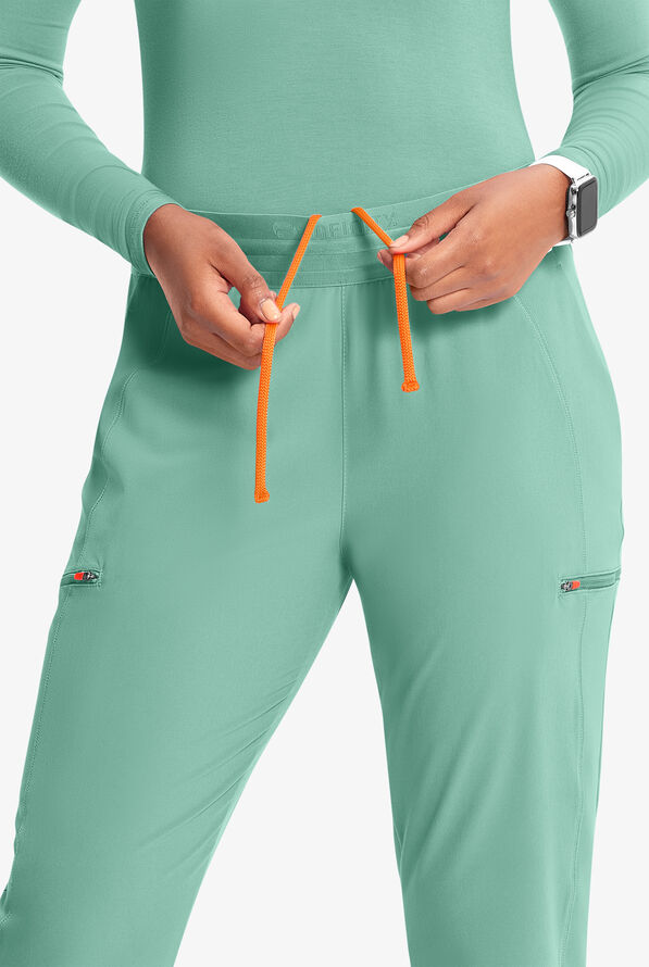 Infinity GNR8 Women's 4-Pocket STRETCH Rib-Knit Internal Drawstring Cargo Jogger Scrub Pants - Matcha Latte - 3