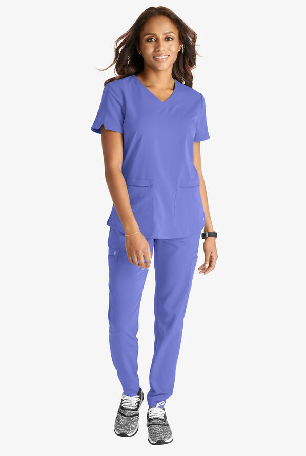 Cherokee Atmos Women's 2-Pocket STRETCH Coolmax V-Neck Scrub Top - Ceil Blue - 4