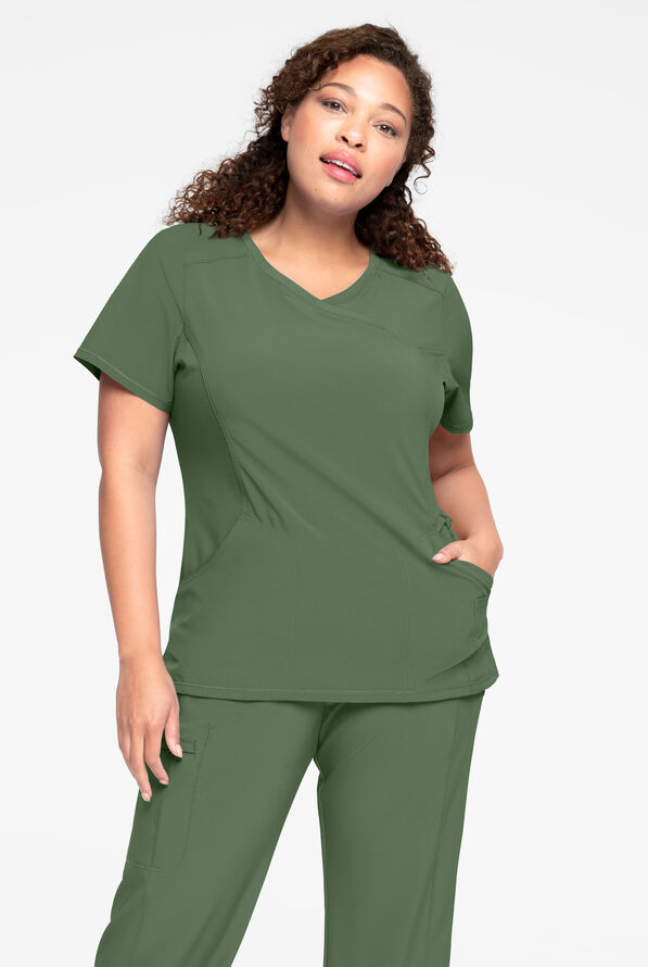 Infinity Women's 4-Pocket STRETCH Mock Wrap Scrub Top - Olive - 2